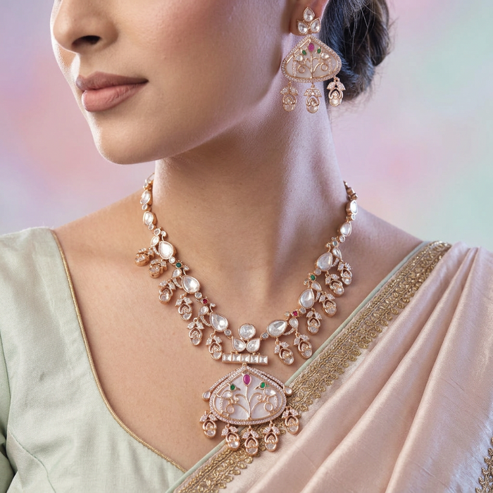 Kundan mint green and white stone short necklace with earrings MS17224