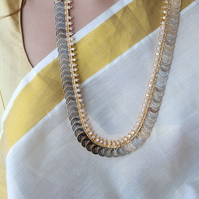 Heritage gold plated white stone coin long necklace HL5199