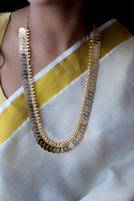 Heritage gold plated white stone coin long necklace HL5199