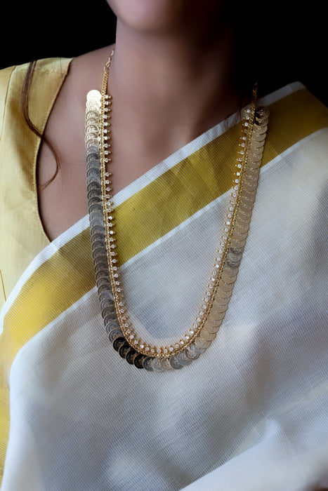 Heritage gold plated white stone coin long necklace HL5199
