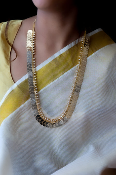 Heritage gold plated white stone coin long necklace HL5199