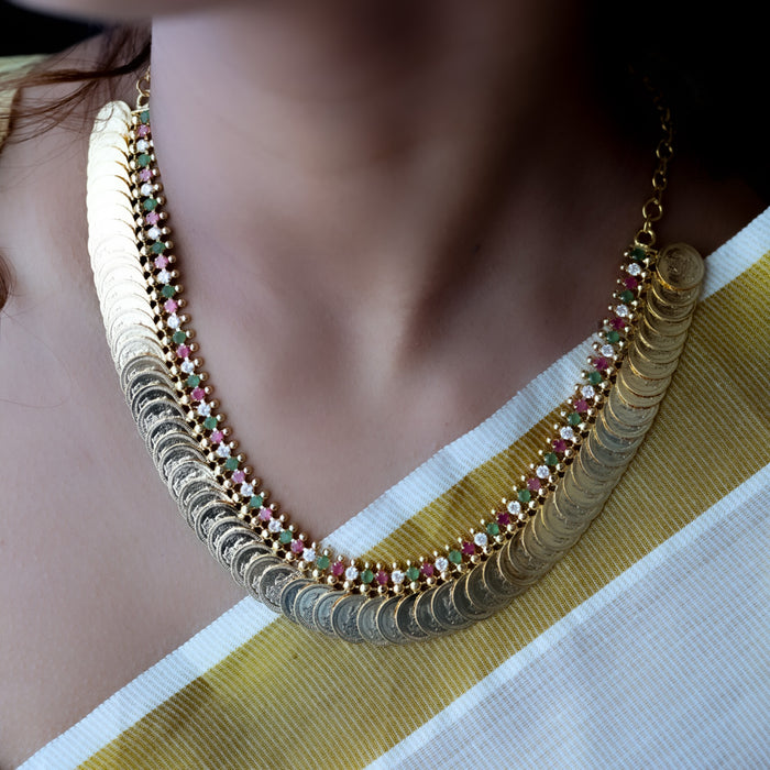 Heritage gold plated white stone coin short  necklace H52333