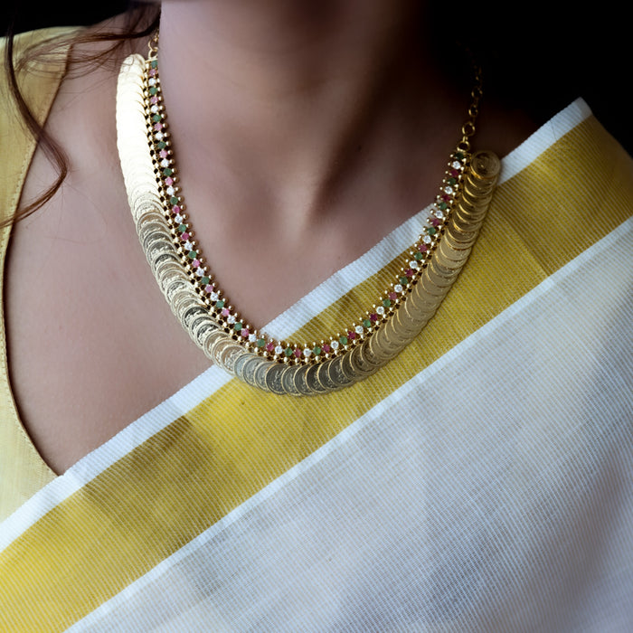 Heritage gold plated white stone coin short  necklace H52333