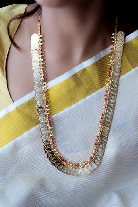 Heritage gold plated ruby white stone coin long necklace HL5783