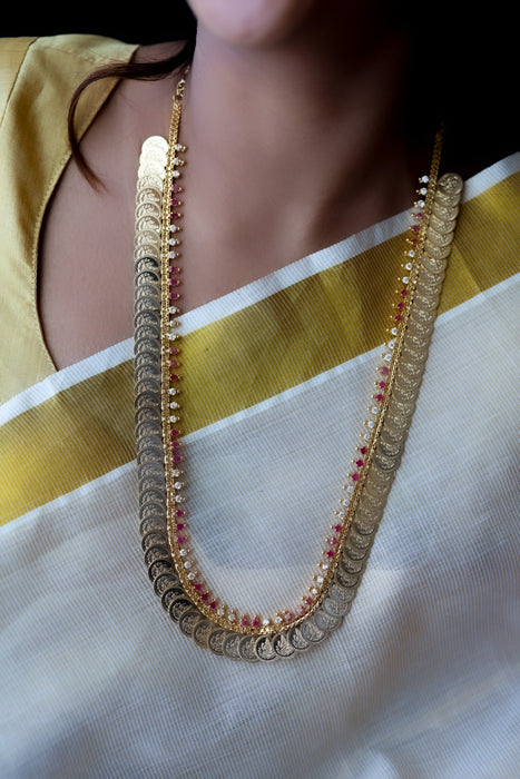 Heritage gold plated ruby white stone coin long necklace HL5783