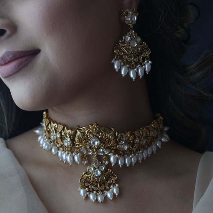 Antique gold and pearl choker necklace with earrings CCB2243