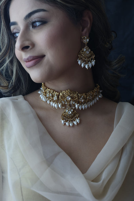 Antique gold and pearl choker necklace with earrings CCB2243