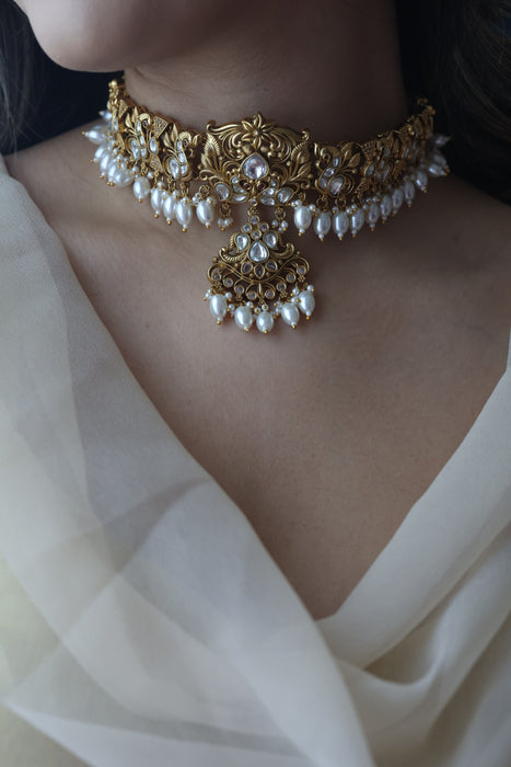 Antique gold and pearl choker necklace with earrings CCB2243