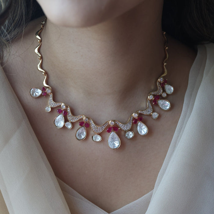Kundan ruby white stone short necklace with earrings MS13