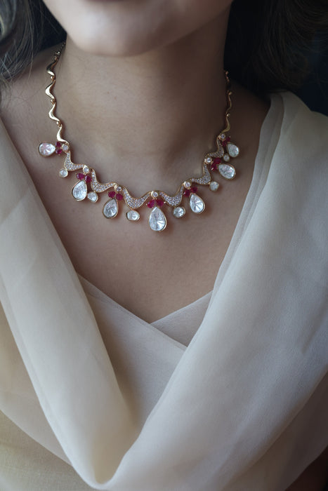 Kundan ruby white stone short necklace with earrings MS13