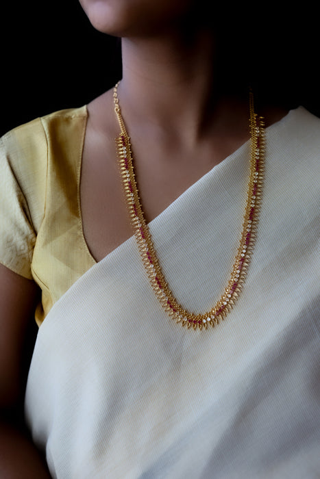 Heritage gold plated ruby white stone long necklace HL5556