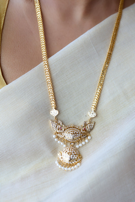 Heritage gold plated white padakam long necklace with earrings HP166