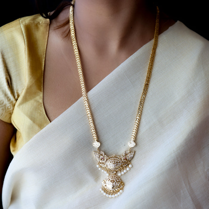 Heritage gold plated white padakam long necklace with earrings HP166