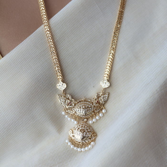 Heritage gold plated white padakam long necklace with earrings HP166