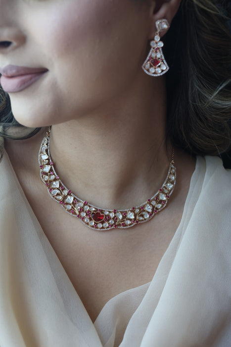 Kundan ruby white stone short necklace with earrings MS135