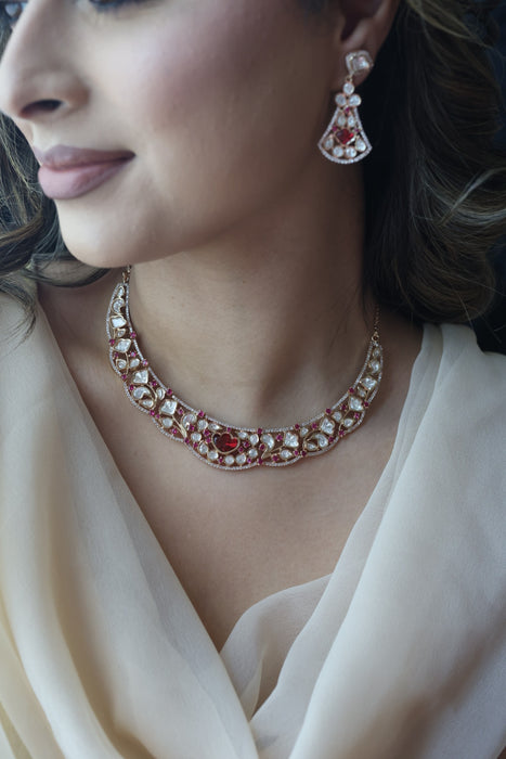 Kundan ruby white stone short necklace with earrings MS135