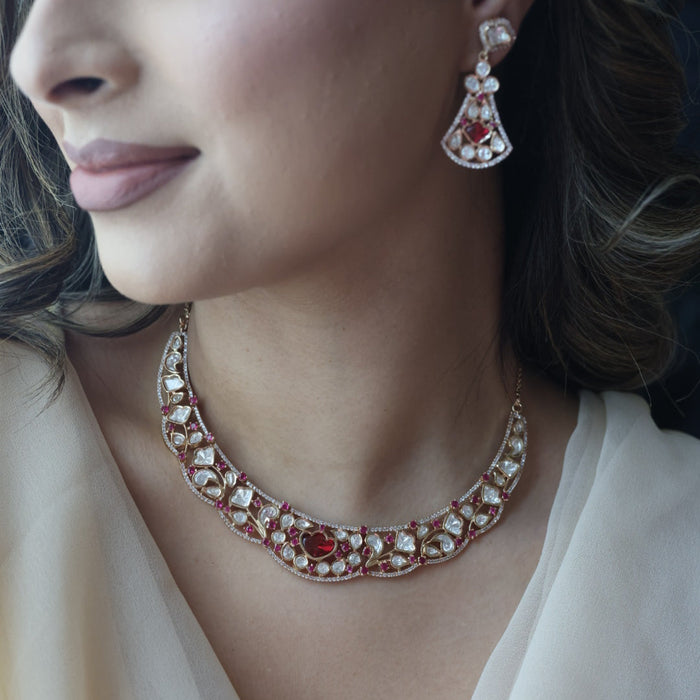 Kundan ruby white stone short necklace with earrings MS135