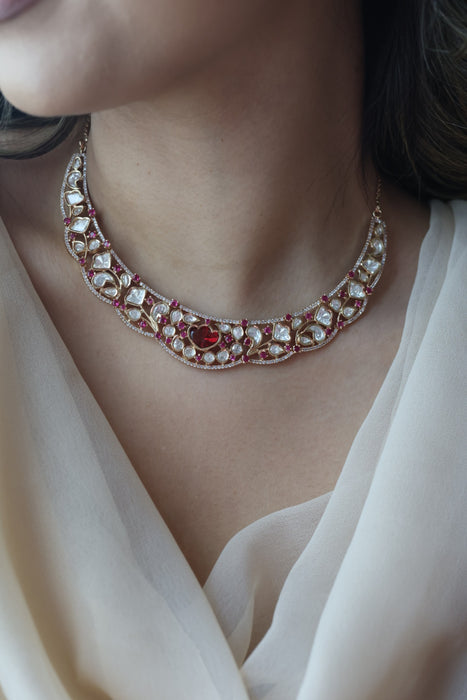 Kundan pink and white stone short necklace with earrings IN17890