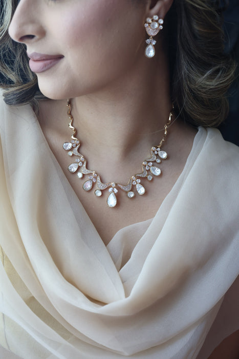 Kundan blue and white stone short necklace with earrings IN1799