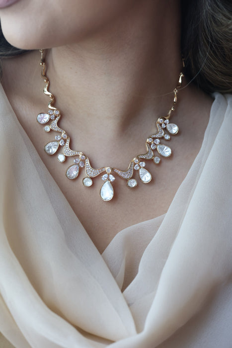 Kundan blue and white stone short necklace with earrings IN1799