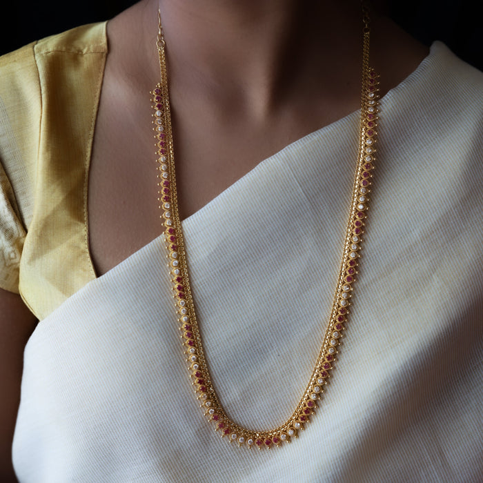 Heritage gold plated ruby white stone long necklace HL037