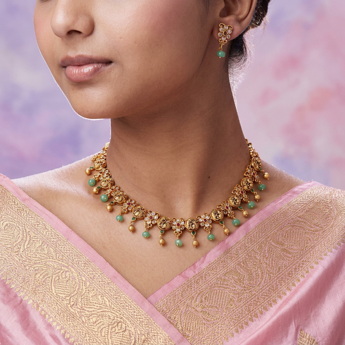 Antique green bead short necklace with earrings TTS4626