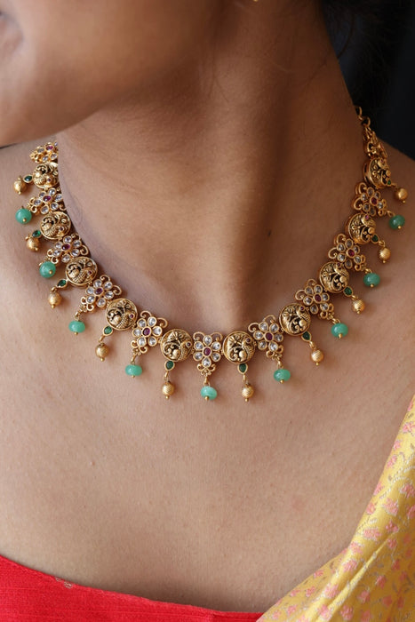 Antique green bead short necklace with earrings TTS4626