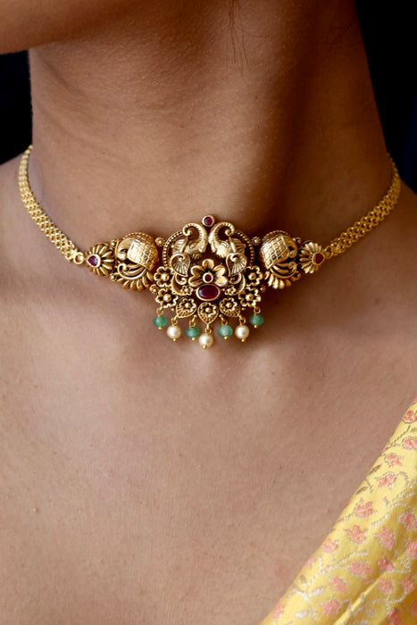Antique green pearl choker necklace and earrings CCB1680