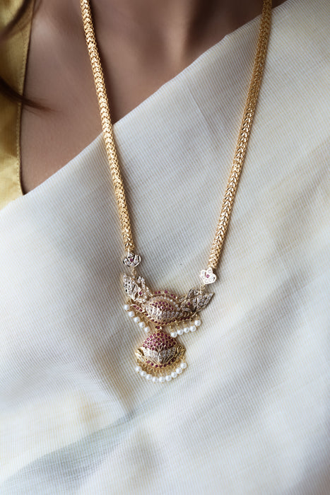 Heritage gold plated ruby white stone padakam long necklace HP5178