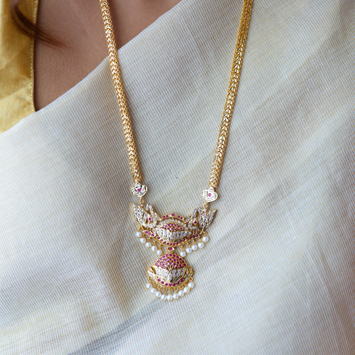 Heritage gold plated ruby white stone padakam long necklace HP5178