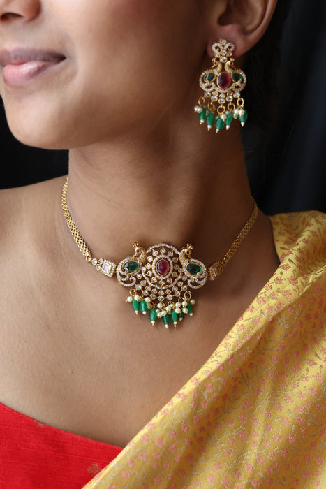 Antique green bead choker necklace with earrings CCB13119