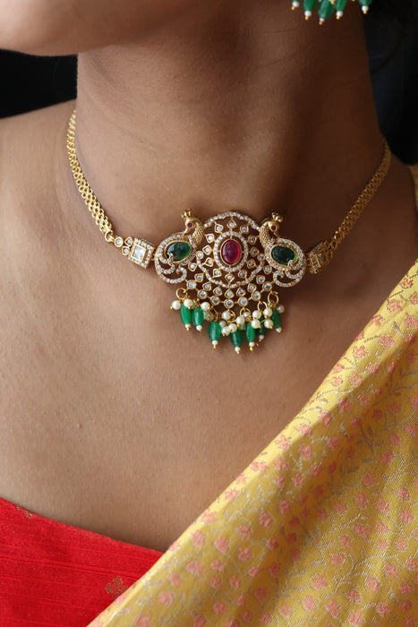 Antique green bead choker necklace with earrings CCB13119