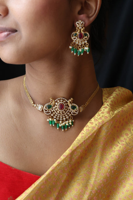 Antique green bead choker necklace with earrings CCB13119