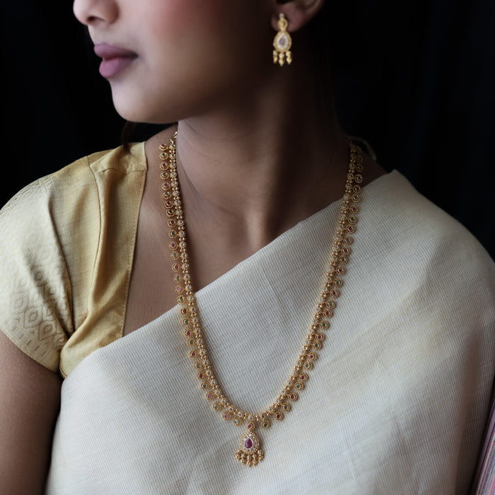 Heritage gold plated white stone long necklace with earrings HL5801