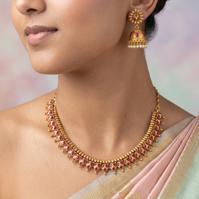 Antique gold ruby stone short necklace with earrings G3562