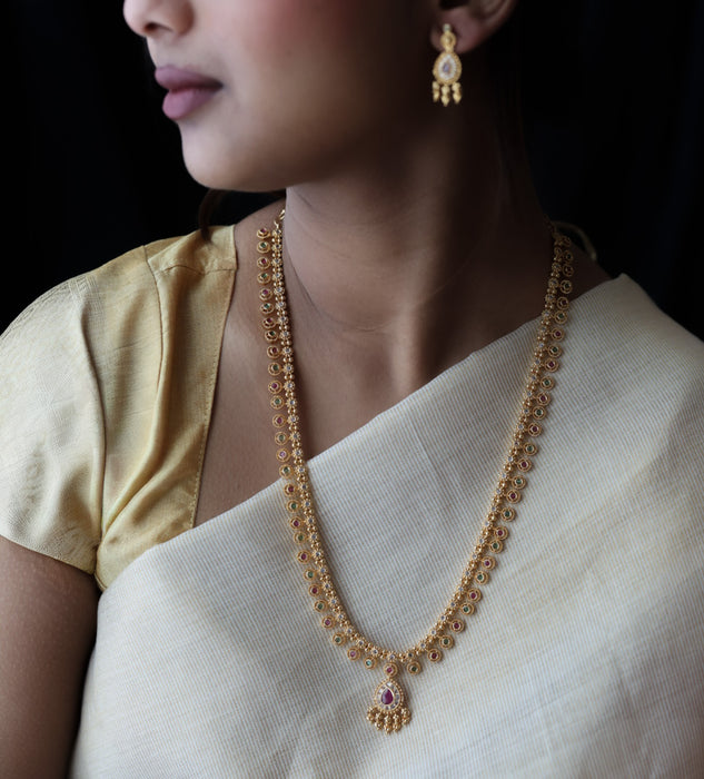 Heritage gold plated white stone long necklace with earrings HL5801