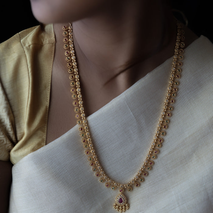 Heritage gold plated white stone long necklace with earrings HL5801