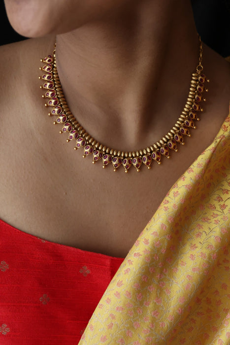 Antique gold ruby stone short necklace with earrings G3562
