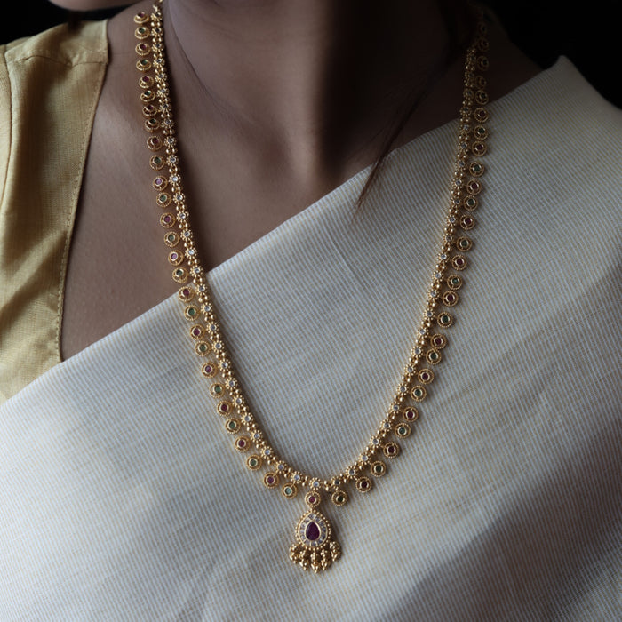 Heritage gold plated white stone long necklace with earrings HL5801