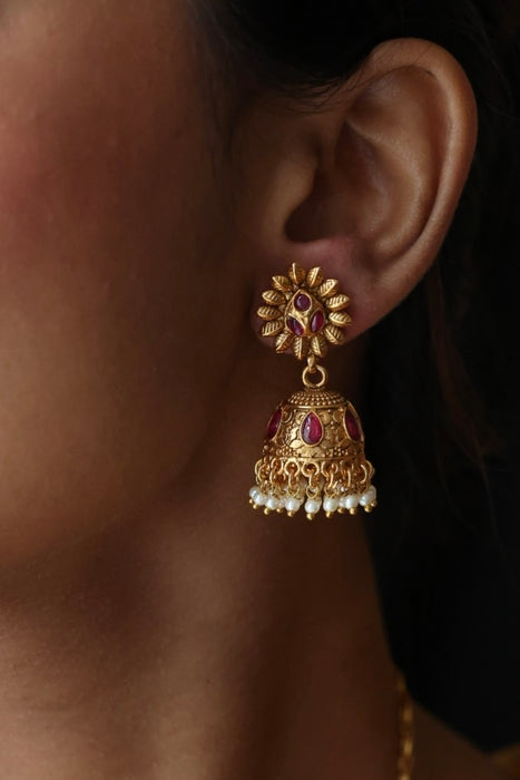 Antique gold ruby stone short necklace with earrings G3562