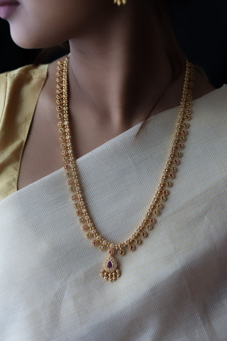 Heritage gold plated white stone long necklace with earrings HL5801