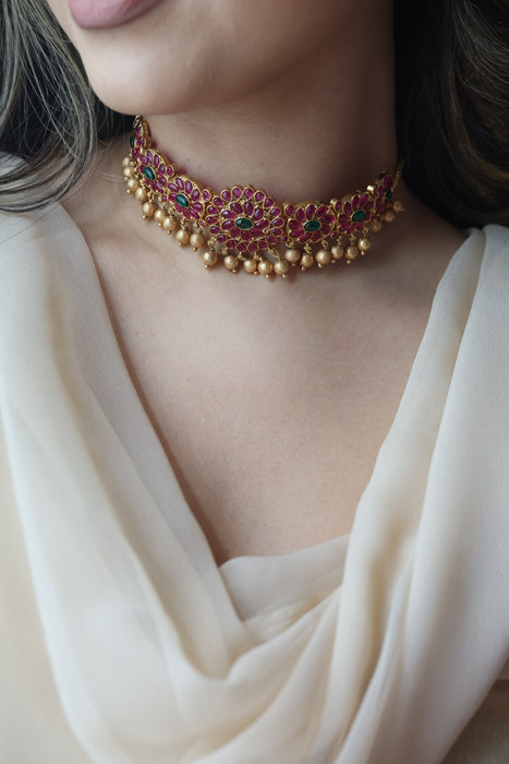 Antique gold ruby stone choker necklace with earrings RUB1123