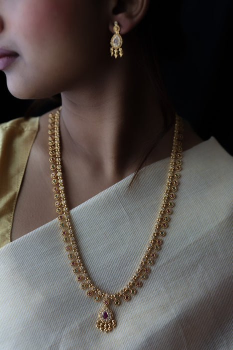 Heritage gold plated white stone long necklace with earrings HL5801