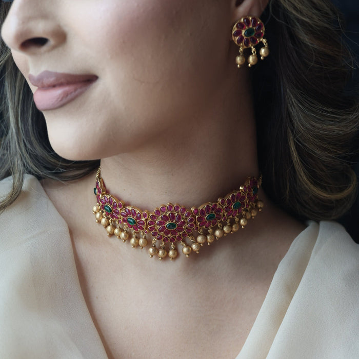 Antique gold ruby stone choker necklace with earrings RUB1123