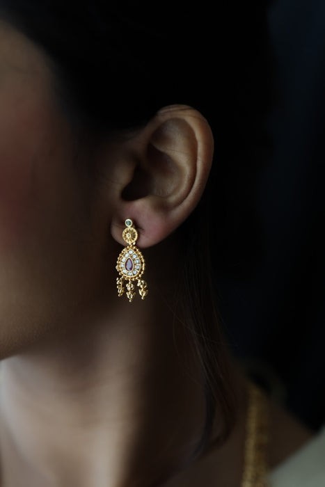 Heritage gold plated white stone long necklace with earrings HL5801