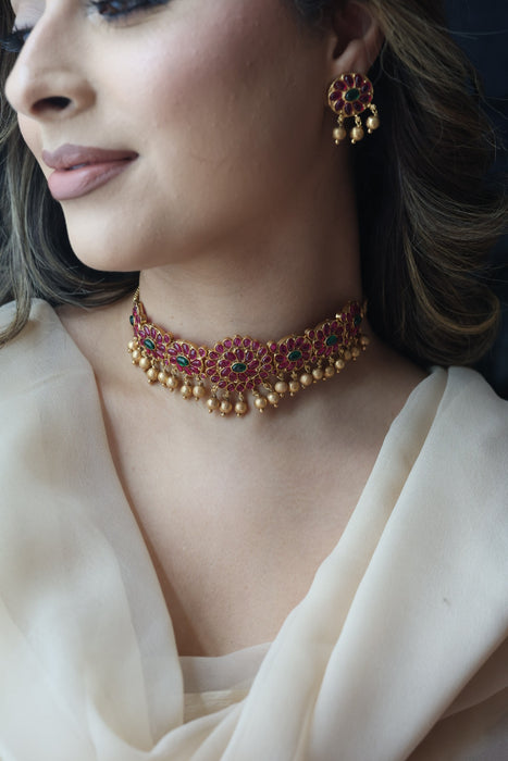 Antique gold ruby stone choker necklace with earrings RUB1123