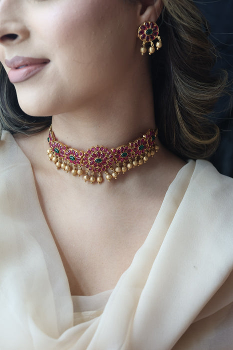 Antique gold ruby stone choker necklace with earrings RUB1123