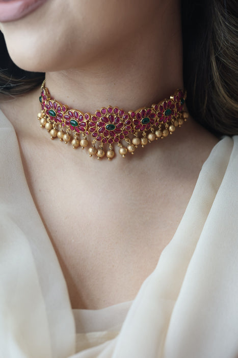 Antique gold ruby stone choker necklace with earrings RUB1123