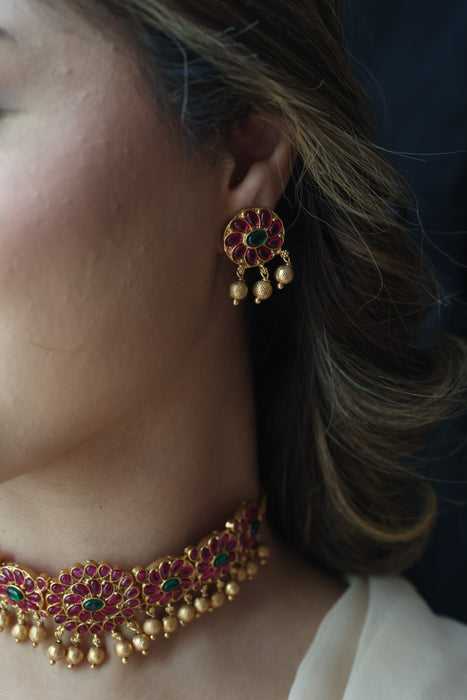 Antique gold ruby stone choker necklace with earrings RUB1123