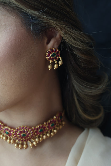 Antique gold ruby stone choker necklace with earrings RUB1123